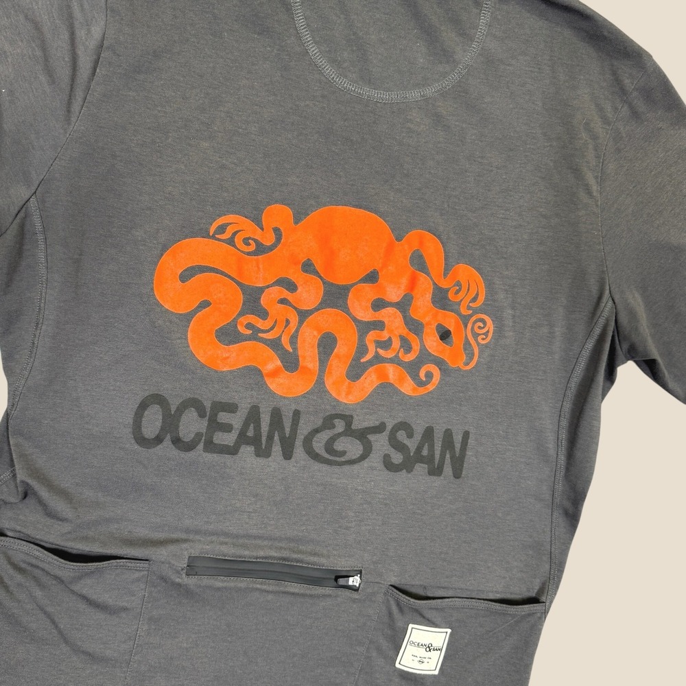 Ocean & San All Day Shirt Men L Gray Cycling Jersey Octopus Graphic Pocket Tee